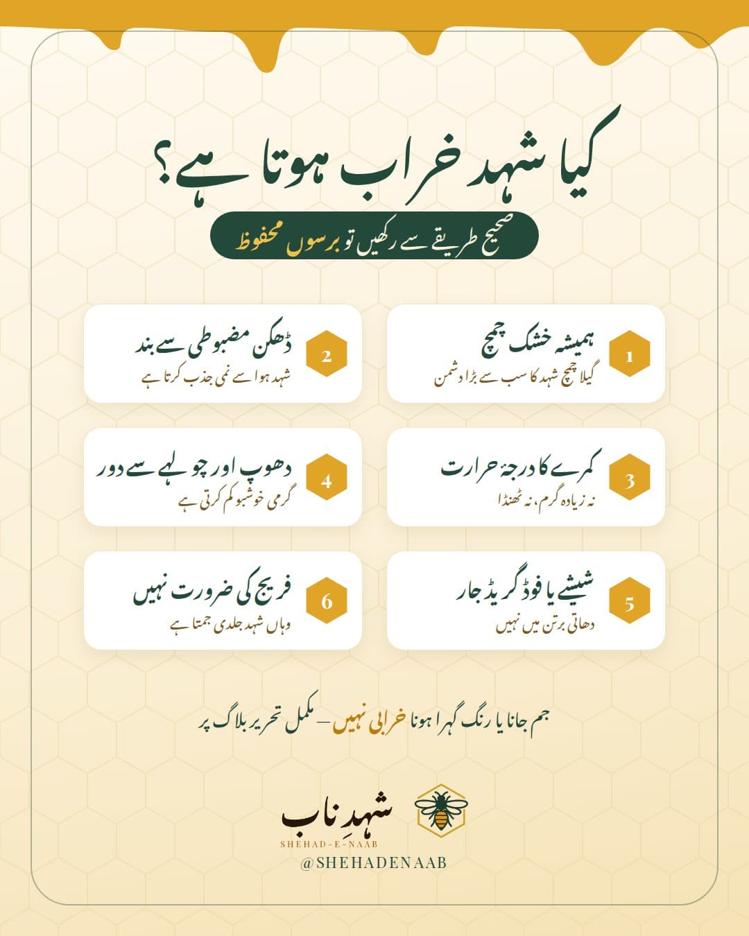 کیا شہد خراب ہوتا ہے؟ شہد محفوظ رکھنے کے 6 اصول: خشک چمچ، بند ڈھکن، کمرے کا درجۂ حرارت، دھوپ سے دور، شیشے کا جار، فریج کی ضرورت نہیں