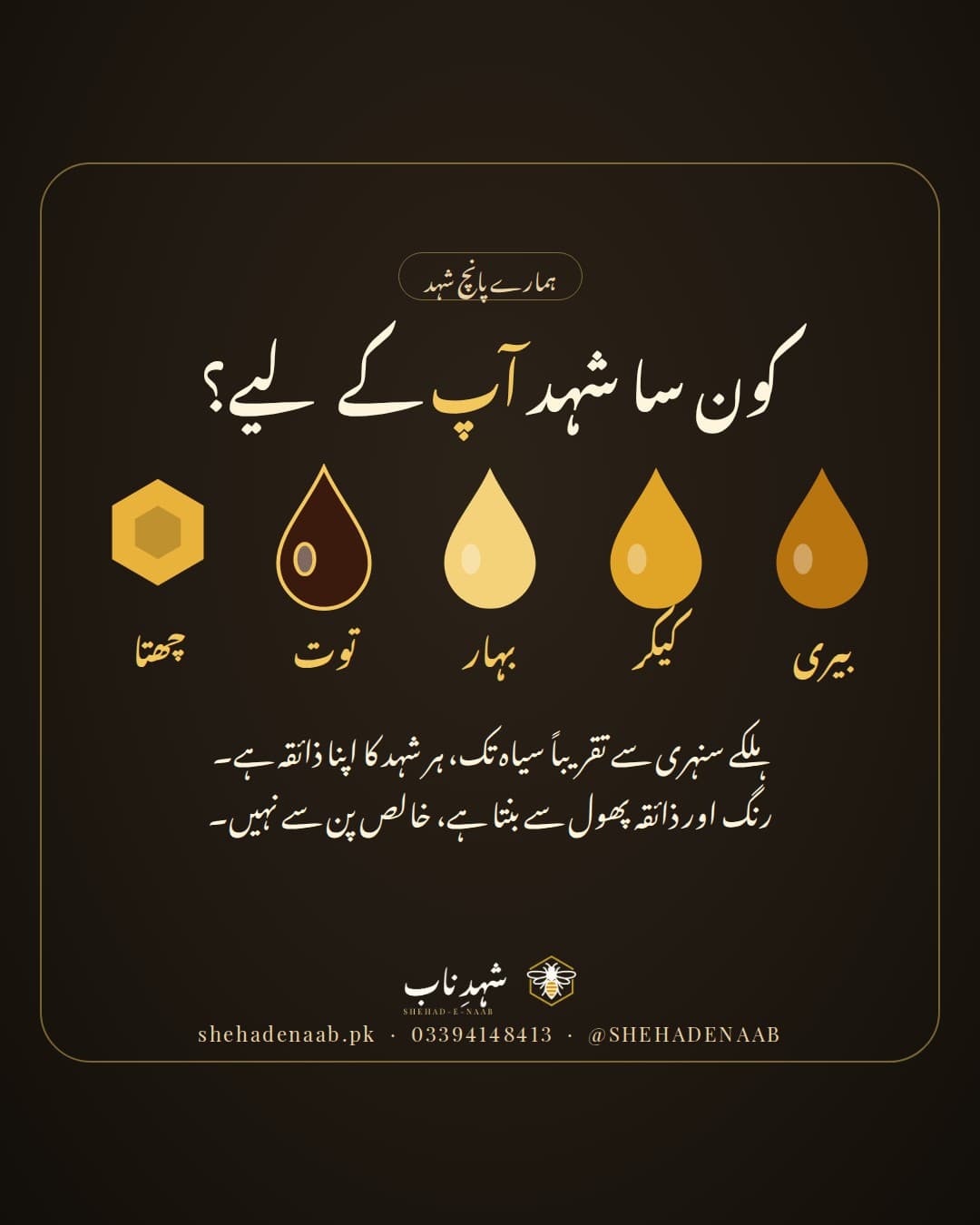 گہرے رنگ کے پس منظر پر شہد کے چار قطرے اور ایک چھتے کا خانہ، جن کے نیچے بیری، کیکر، بہار، توت اور چھتا لکھا ہے، اور عنوان: کون سا شہد آپ کے لیے؟