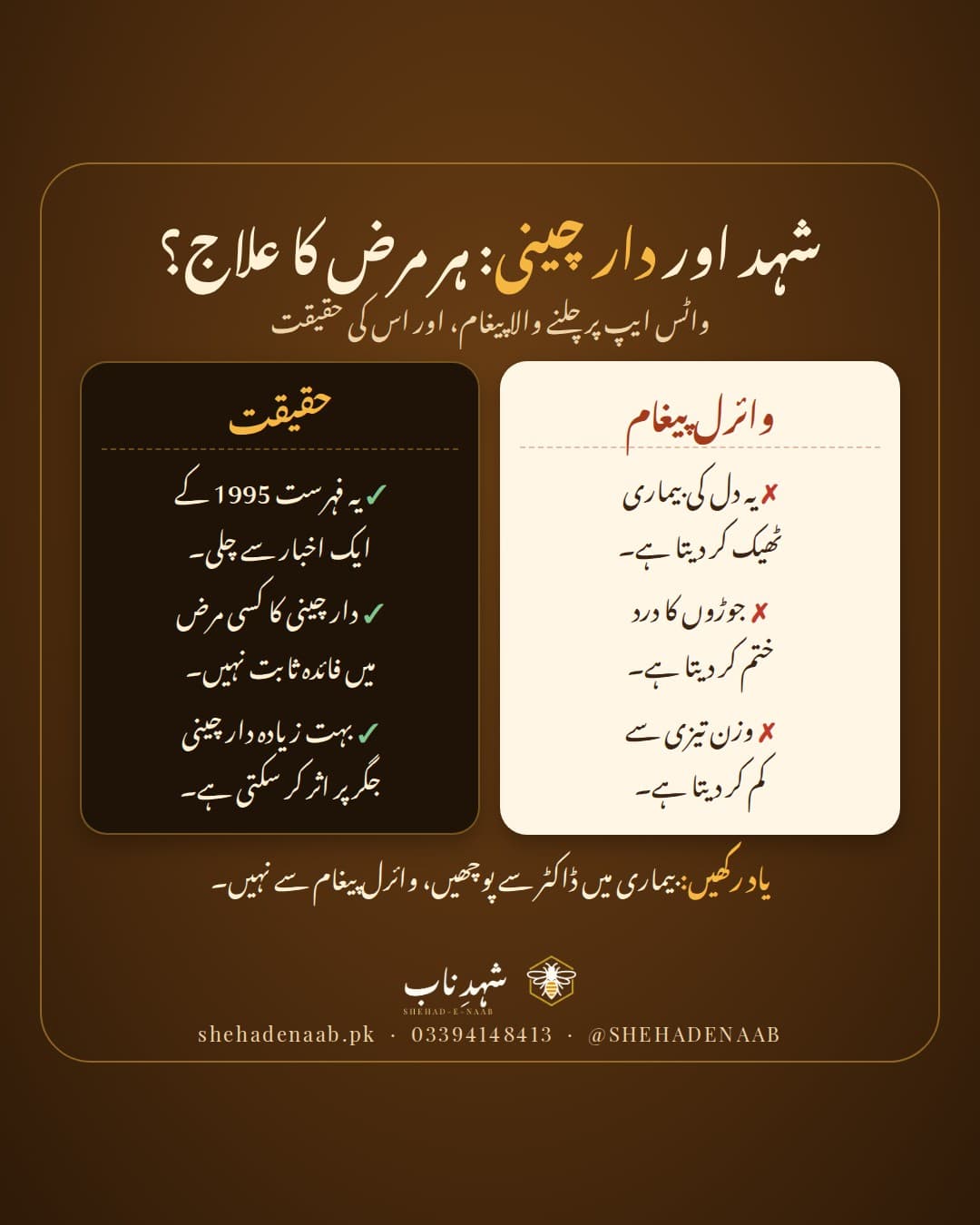 گہرے بھورے پس منظر پر عنوان «شہد اور دار چینی: ہر مرض کا علاج؟» اور دو کالم: دائیں کریم رنگ کے کالم میں وائرل پیغام کے تین دعوے سرخ کراس کے ساتھ، بائیں گہرے کالم میں تین حقیقتیں سبز نشان کے ساتھ، نیچے لکھا ہے کہ بیماری میں ڈاکٹر سے پوچھیں۔
