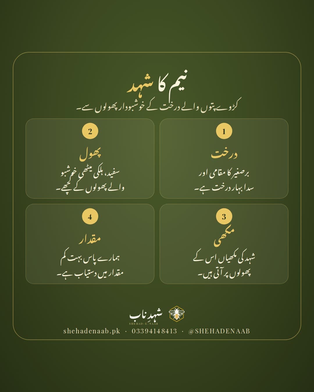 گہرے زیتونی سبز پس منظر پر عنوان «نیم کا شہد» اور چار کارڈ: درخت (برصغیر کا مقامی اور سدا بہار)، پھول (سفید، ہلکی میٹھی خوشبو والے گچھے)، مکھی (شہد کی مکھیاں اس کے پھولوں پر آتی ہیں)، مقدار (بہت کم دستیاب)۔