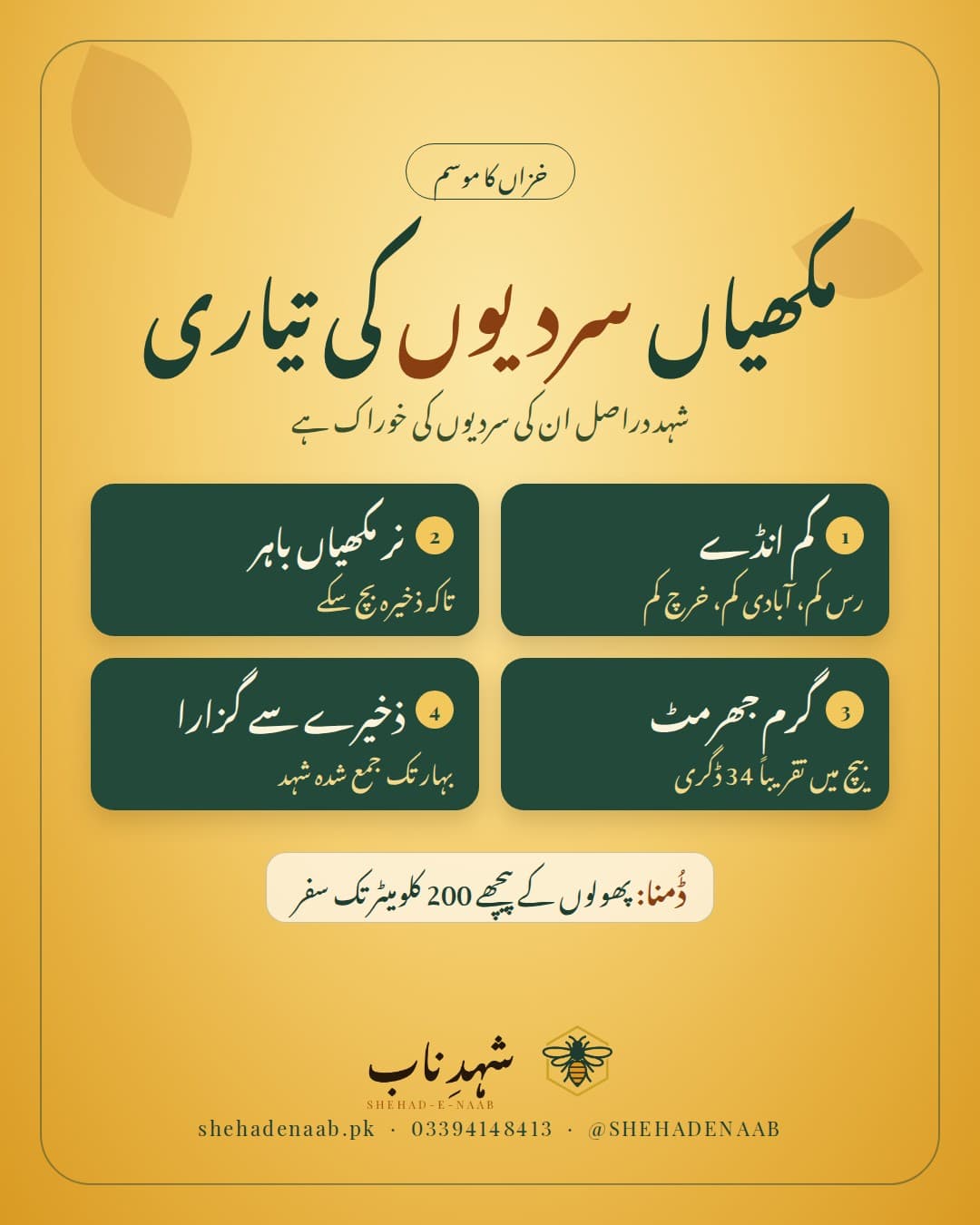 خزاں میں شہد کی مکھیوں کی سردیوں کی تیاری کے چار مرحلے: کم انڈے، نر مکھیوں کو باہر نکالنا، سردی میں جھرمٹ، اور جمع کیے شہد سے گزارا