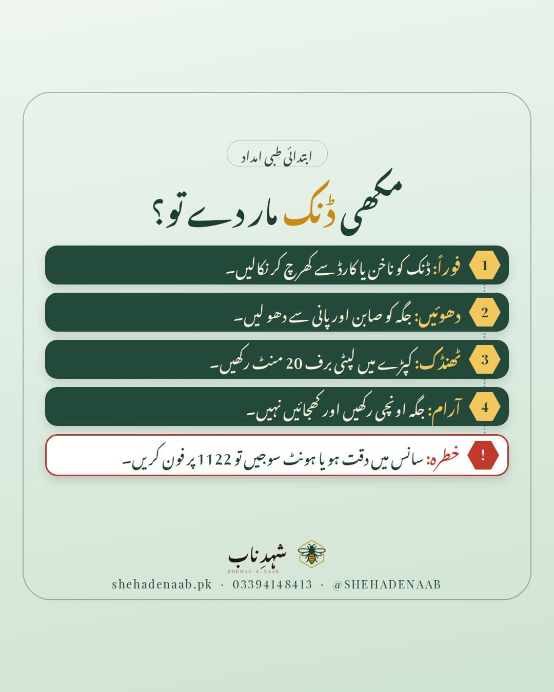 ہلکے سبز پس منظر پر عنوان «مکھی ڈنک مار دے تو؟» اور چار سبز پٹیوں میں چار قدم: ڈنک کھرچ کر نکالیں، صابن سے دھوئیں، 20 منٹ برف رکھیں، جگہ اونچی رکھیں؛ نیچے سرخ کنارے والی پٹی میں خطرے کی نشانیوں پر 1122 پر فون کرنے کی ہدایت۔