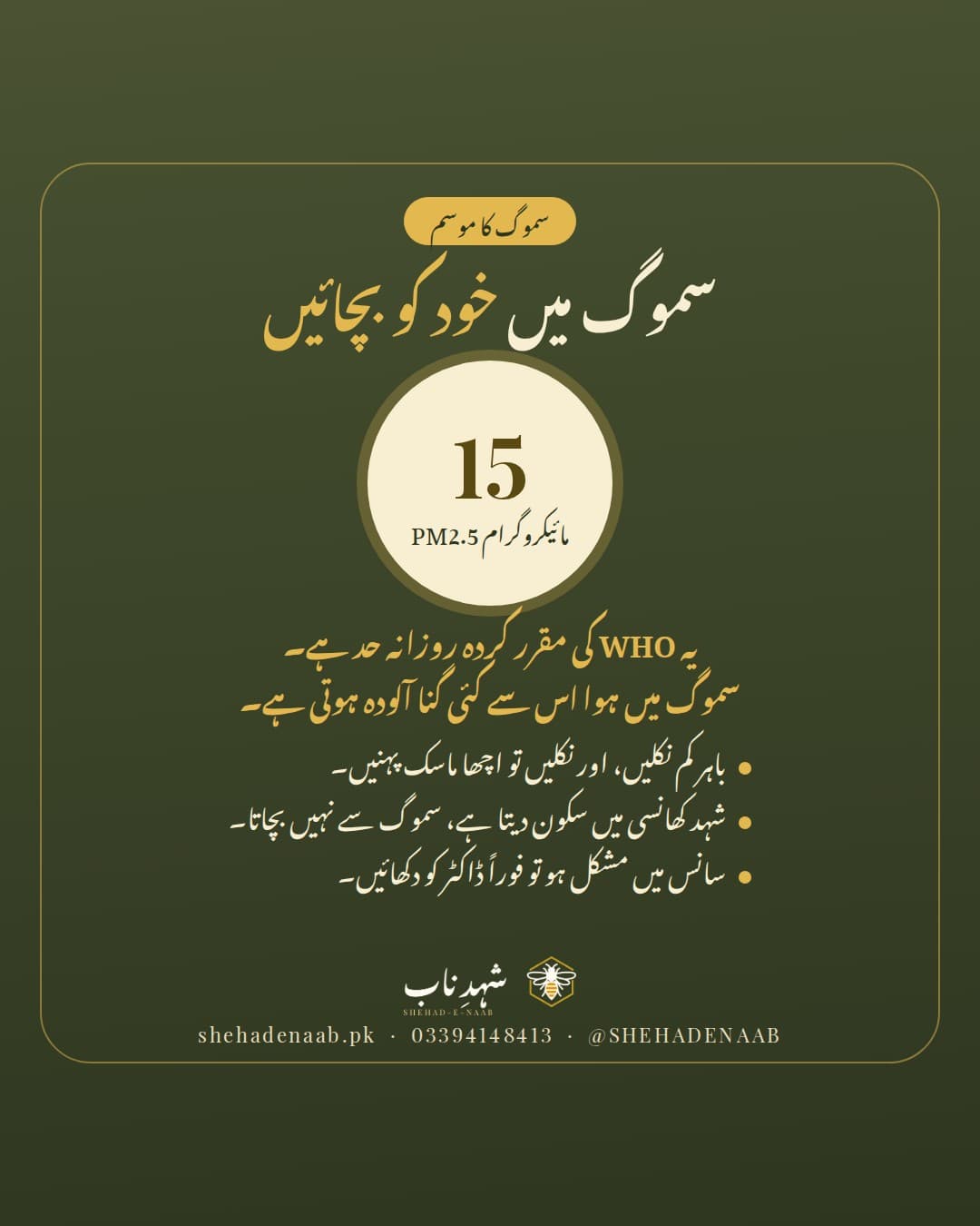 سموگ کے موسم کی احتیاط: WHO کے مطابق PM2.5 کی روزانہ حد 15 مائیکروگرام ہے، باہر کم نکلیں، اچھا ماسک پہنیں، اور سانس میں مشکل ہو تو ڈاکٹر کو دکھائیں