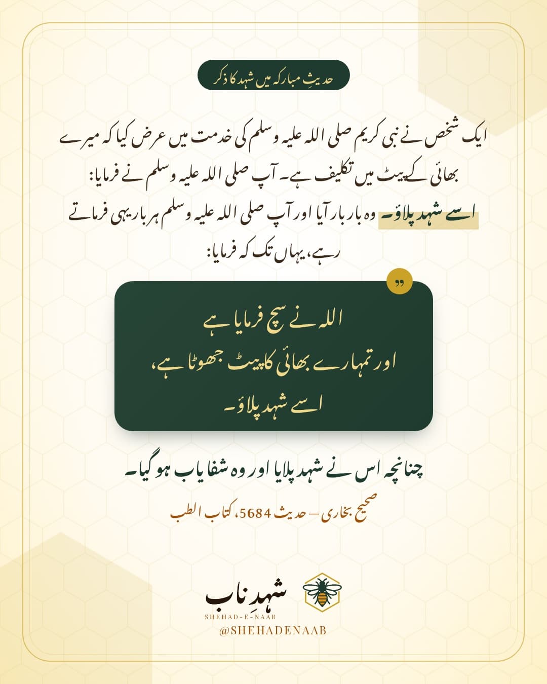 صحیح بخاری کی حدیث 5684 کا متن، شہدِ ناب کے کریم اور سنہرے ڈیزائن میں